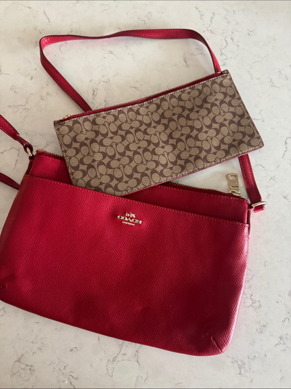 Coach Red Pebbled Leather Crossbody Bag with Additional Zippered Case. - Picture 12 of 13